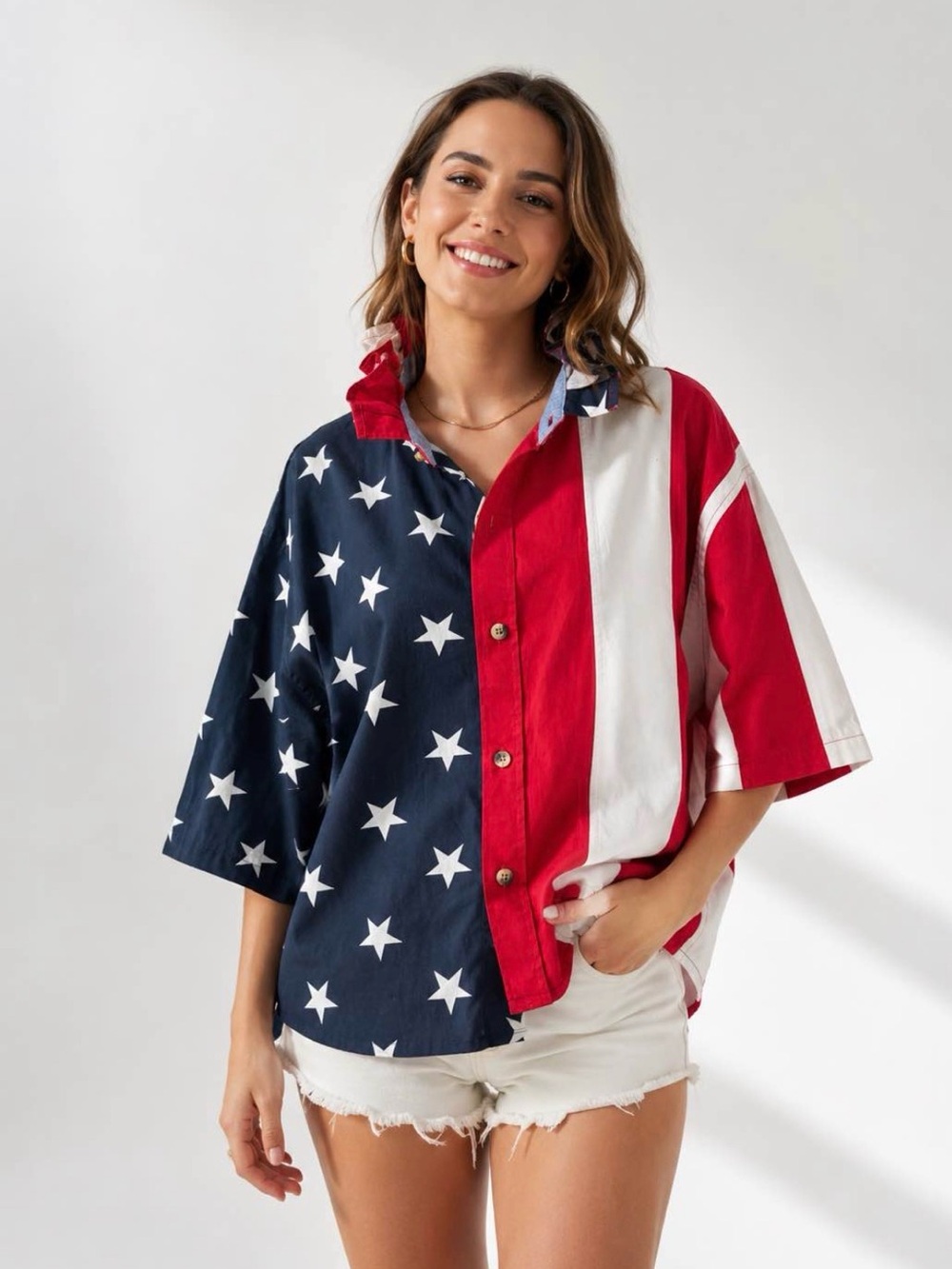 Flag Print Button-Up Blouse - Red, White & Blue